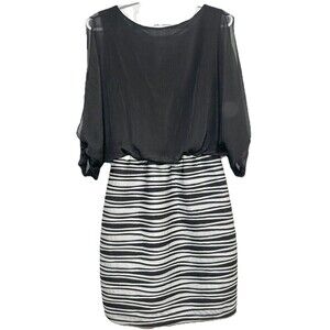 J. Taylor Black Blouson Dress Sheer Top Striped Skirt Size 8 Cocktail